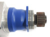 Close-up of Wittenstein Alpha gearbox output shaft and pinion gear showing surface wear and use patina on gear teeth