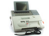 Siemens Rapidlab 860 Blood Gas Analyzer front three-quarter view showing LCD display, keypad, sample port, and integrated printer with power cable