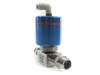 Flowlink Gaz pneumatic valve side-angle view showing actuator housing, red identification band, and 316 stainless steel valve body with male and female compression fitting ends