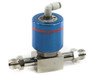 Flowlink Gaz pneumatic valve three-quarter view showing blue anodized actuator, push-to-connect pneumatic port on top, and stainless steel inline body with compression fittings