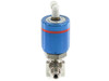 Flowlink GAZ 1146203 pneumatic gas valve side view showing blue actuator housing, red accent band, stainless body block, and push-to-connect pneumatic port on top