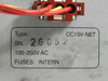 Lucius & Baer CC15V-NET rating label showing Type CC15V-NET, SN 26052, 100-250V AC, internal fuses