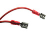 Close-up of red wiring harness with two female spade connectors included with the Lucius & Baer CC15V-NET