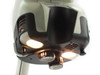 Vision Engineering Mantis microscope — bottom view of head showing dual halogen illuminators powered on and two objective lens ports