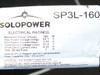 SoloPower SP3L-160 rating label showing full electrical specs: 160W Pmax, 65.1V Vmp, 3.40A Imp, 91.8V Voc, 4.40A Isc