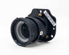 LCD projector 1.25 inch concave lens with focal adjustment – angled three-quarter view showing full assembly with barcode label on flange