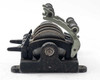 Moviola SYB synchronizer – left-side view showing single gang sprocket detail, film gate arm, and cast iron baseplate with mounting holes