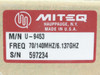 Miteq U-9453 identification label showing M/N U-9453, FREQ 70/140MHz/6.137GHz, S/N 597234, Made in USA