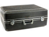 Platt hard carrying case closed — black vinyl exterior with aluminum trim rails, two latches, and center carry handle