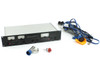 Granville Phillips 270 Ion Gauge Controller front 3/4 view with accessories: blue cable, ion gauge T-fitting tube, red-blue gauge head, and connectors laid out beside unit