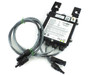 SolarEdge OP400-MV Power Optimizer top-down view showing SolarEdge branding label, OP400-MV model designation, MC4 input and output cables with weatherproof connectors, and regulatory certification markings