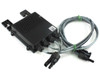 SolarEdge OP400-MV Power Optimizer front view showing black housing with heat-sink top, mounting bracket, waterproof cable connections, and MC4 output connectors with attached wiring harness