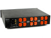 Furman ELITE-15 PF rear panel view showing orange-colored outlet banks, IEC power inlet, telco and satellite cable ports, and surge suppression section