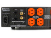 Furman ELITE-15 PF rear panel close-up — IEC inlet, 120VAC 15A rating label, telco RJ11 and satellite F-connector ports, transient voltage surge suppression label