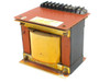 Industrial open core laminated power transformer 130434-2 – front three-quarter view showing red mounting plate, yellow coil winding, and top screw terminal block