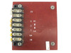 Close-up of red PCB multi-tap terminal board showing screw terminals labeled 0V, 1, 2, 3 HI/LO, SA, and GB with yellow wire insulation sleeves