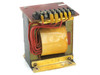 Industrial open-frame power transformer — right-side view showing multi-tap screw terminal board, red and yellow lead wires, wrapped coil, and yellow-painted steel base frame