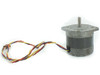 Molon MMS-23018-1 stepper motor front three-quarter view showing output shaft, mounting flange, and multi-wire lead