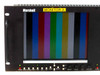 Marshall V-R842DP-AFHD close-up of Monitor A left screen active with color bars and front panel controls including Power, Video, S-Video, VGA, DVI, SDI, Menu, Select, Bright, Color, Tint, Contrast