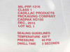 Cadpak HD100 bag label showing MIL-PRF-131K Class 1 specification, Cadillac Products Packaging Company, Dec. 2015 date code, and sealing guidelines: 435°F, 60 PSI, 3 seconds dwell time