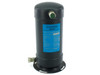 CTI Cryogenics 8080255K001 Adsorber – front view showing cylindrical black canister, blue label, top inlet port, and bottom mounting flange with fitting