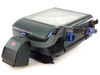 3M 1865 Overhead Projector 1800AJL — folded portable configuration showing carry strap attached, blue adjustment knobs, and power cord wrapped underneath