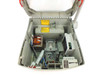 Apollo 3400 projector — base interior with top cover open, showing internal lamp assembly, transformer, ballast, wiring harness, cooling system, and caution labels