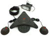 Polycom SoundStation EX conference phone 2201-03309-001 front view with 2 external microphones and power adapter