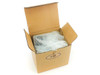 RSF cardboard box open showing bubble-wrapped InFocus LAMP-021 lamp inside
