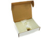 Brandtech macro cuvette — close-up of single open retail box showing full foam tray with cuvette positions and plastic bag of stopper caps