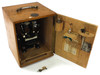 Ertel-Werke wooden case open showing theodolite seated on base board with accessories stored on inside of door