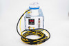 EM Technologies R2S Microbial Air Sampler — right-side view showing full system including sampler head with clear dome lid, R2S controller front panel, Dwyer flow meter, and cable bundle