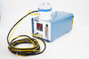 EM Technologies R2S-C.001 Microbial Air Sampler — left three-quarter view of blue base unit with R2S controller, clear dome sampler head, yellow and black interconnect cables