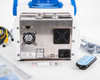 EMTEK V100 rear stainless steel panel close-up showing Model V100 B1 label, serial number label, Ethernet port, IEC power inlet, USB-B port, CE mark, and cooling fan