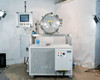 Opti Temp OTC-3.0AL full system overview — vacuum chamber on steel frame above integrated chiller unit with NI touchscreen control panel mounted to left