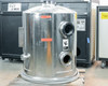 CHA Industries SEC-600 stainless steel bell jar — standalone view on pallet showing two large viewport flanges and lower flange, orange caution labels