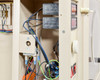 Grumbach incubator internal electronics close-up showing green PCB control board, wiring connections, relay or transformer block, and right-side control knobs
