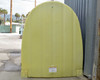 ULine H-5737 spill containment shed – left-side view, doors closed, smooth yellow polyethylene exterior and product label visible at base