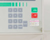 Sorvall RC-3BP control panel showing numeric keypad, green START and red STOP buttons, and pink calibration sticker
