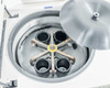 Sorvall RC-3BP open chamber showing H6000A swing-bucket rotor with 4 of 6 bucket positions loaded, stainless steel bowl and lid visible