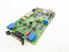 Netstal 110.240.7129d RVN Speed Control Card – angled top view showing component side with blue trimmer potentiometers, relays, and edge connector