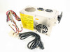 A-Matic UE-8908 165W AT power supply front and top view with wiring harness and power cord laid out