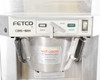 Fetco CBS-61H front control panel close-up showing BREW button, twist handle, STOP, READY indicator, and POWER switch with HOT LIQUID caution label