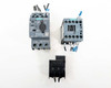 Siemens 3RV2011-1EA15 circuit breaker, 3RT2018-1BB41 contactor, and 3RA1921-1DA00 link module shown disassembled separately — top-down view