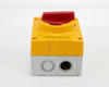 Katko KEM-316UL – top view showing red rotary handle and two conduit entry knockouts on gray base