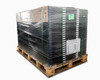 Full pallet of LG LG370M1K-A6 NeON 2 Black solar panels shrink-wrapped on wooden pallet, angled view showing panel edges stacked, pallet spec label visible on side