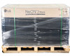 Side-angled view of shrink-wrapped pallet of LG NeON 2 Black PV modules showing LG logo and NeON 2 Black AC branding on cardboard edge label
