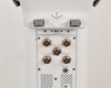 Pollogen Legend+ top connector panel – five circular multi-pin applicator ports labeled Applicator 1, 2, 3, AVO, VIO; Patient Control Optical Switch port; USB memory stick slot