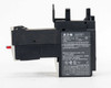 Eaton XTOE1P6BCS right-side label view showing model XTOE1P6BCS ZEB12-1.65, current range 0.33–1.65A, 600V AC rating, UL/CE markings, Style No. 2-2645-001A, and compatibility note for XT-B/FR-B/DILM7/9/12/18