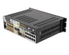 Anthem AVM 50V rear panel three-quarter view showing left and right sides of the connector panel with XLR balanced outputs and HDMI bank visible